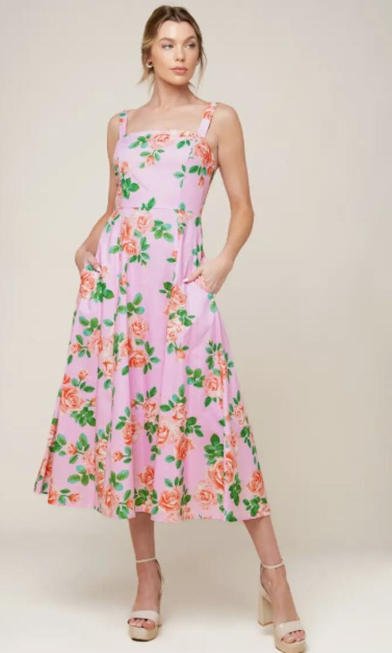 Flying Tomato Pink Rose Print A-Line Spaghetti Strap Midi Dress Size Medium